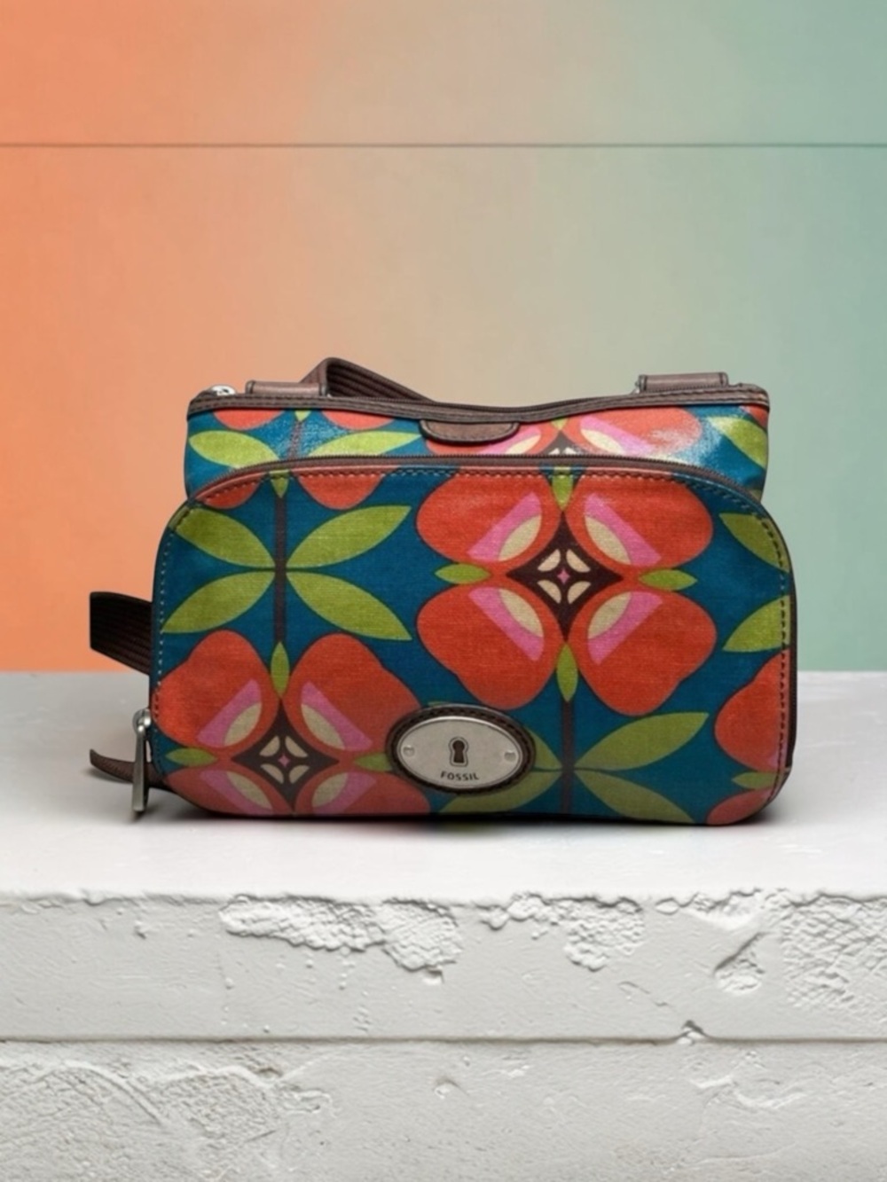 Fossil Key-Per Crossbody Purse Coated Canvas Floral Print with Iconic Key